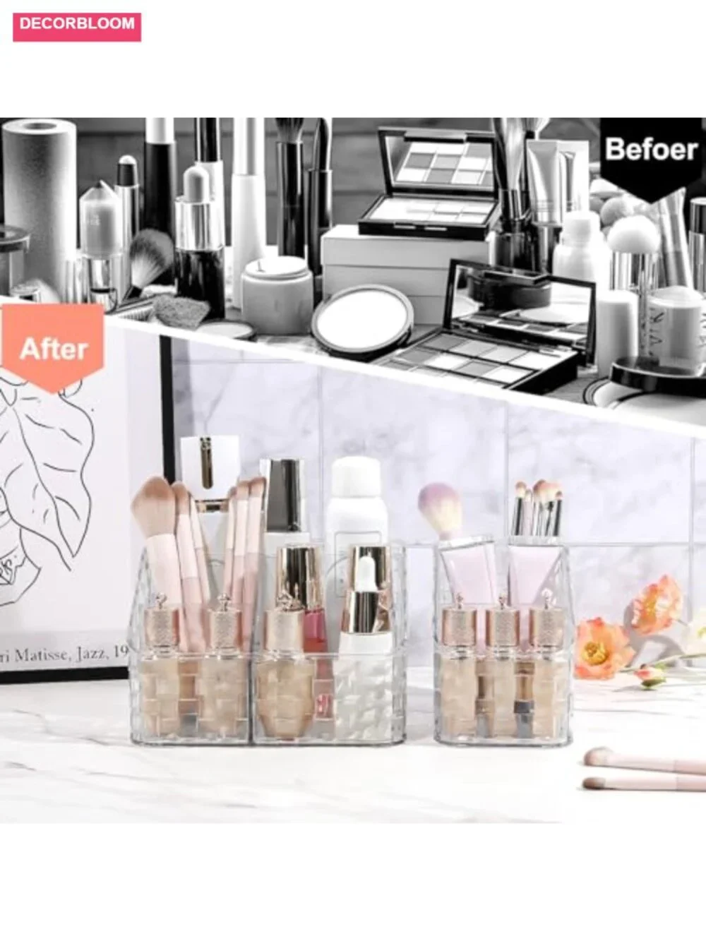 Acrylic Makeup Brush Holder Organizer, 3 Slots Storage Cup with Woven Texture